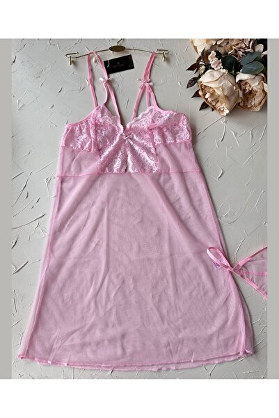 İntive Lingerie Lily Bianca Thin Strap Lace Pink Transparent Mini Nightdress -959