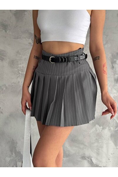 Genel Markalar KEMERLİ ÇİZGİLİ ŞORT ETEK