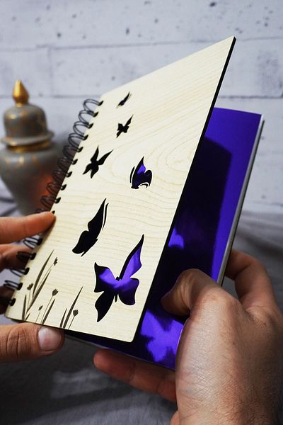 markcat Butterfly Patterned Unlined Notebook with Wooden Cover - Diary - Gift - A5 Memory Book (120 Pages)