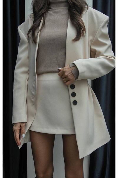 buqre's moda Clamp Detailed Buttoned Jacket Shorts Skirt Suit