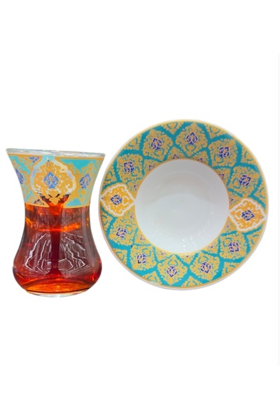 DUKKANI ISTANBUL Tea Cup Set for 6 People Topkapı Turquoise Patterned Porcelain Plate Tea Set