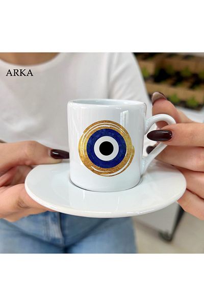 Hediyeciabla Special Design Special Moments Gold Turkish Coffee Cups with Blue Evil Eye Beads