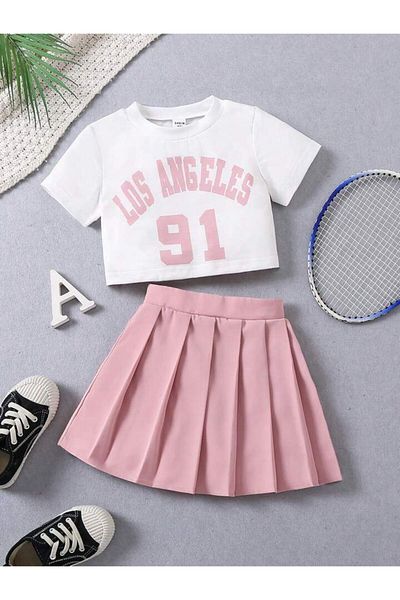 Machetta Tricou Crop cu imprimeu Los Angeles 91 pentru fete - Set fuste
