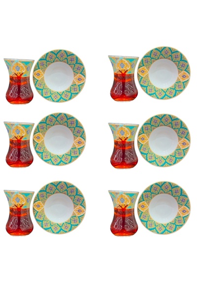 DUKKANI ISTANBUL Tea Cup Set for 6 People Topkapı Turquoise Patterned Porcelain Plate Tea Set