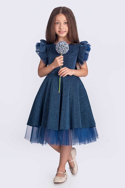 vestitino Indigo Tulle Detailed Glittery Girl's Evening Dress 1672