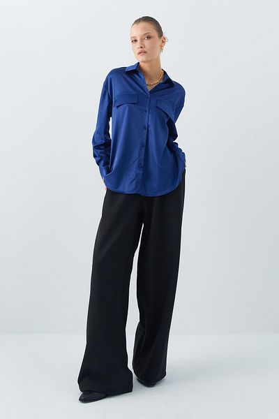 Mixray Women's Navy Blue Satin Clamshell Shirt - Pockets, Model 4635