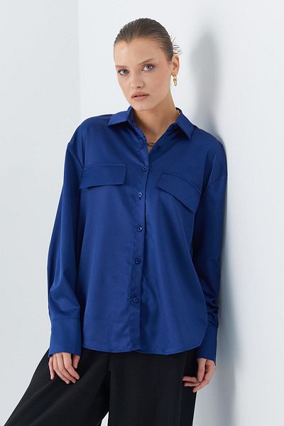 Mixray Women's Navy Blue Satin Clamshell Shirt - Pockets, Model 4635