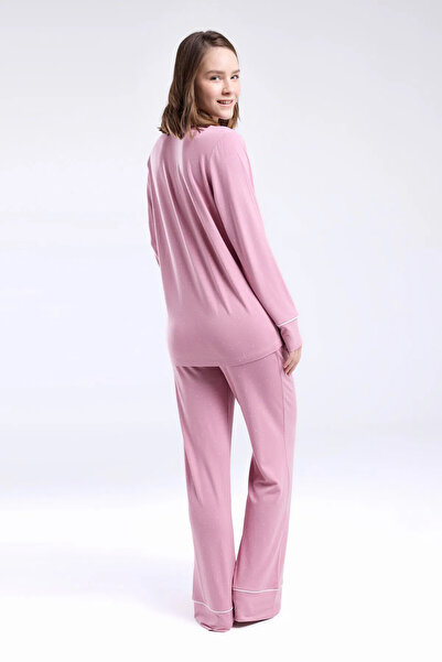 Pierre Cardin Viskon Kumaş, Önden Düğmeli, Uzun Kollu, Gömlek Yaka, Cepli, Kadın Pijama Takımı Pembe