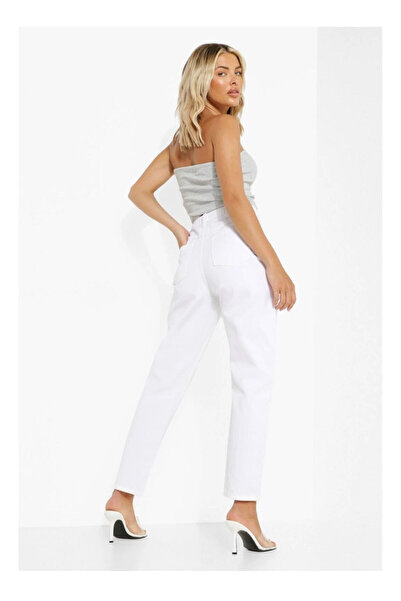 JAXEN Bt16569386 Women's White Boyfrend High Waist Stretch Fabric Extra Stretchy Mom Jeans Denim Pants