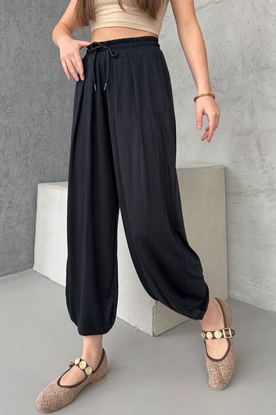 modavingo Pantaloni largi, pliați, din țesătură modal, cu buzunare, negri HMD3503