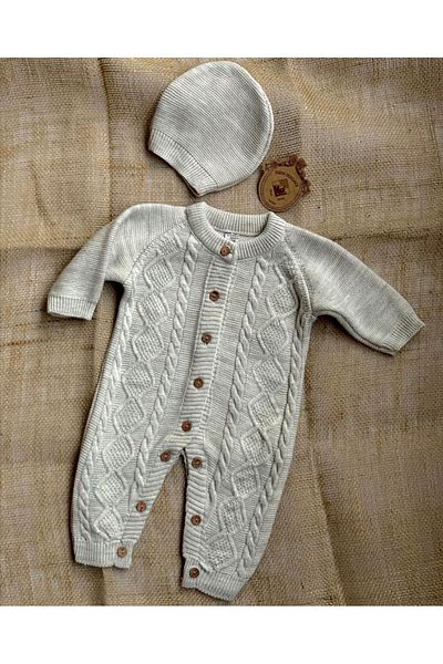 Bursa Trikomer Button Detailed Knitwear Baby Romper with Hat