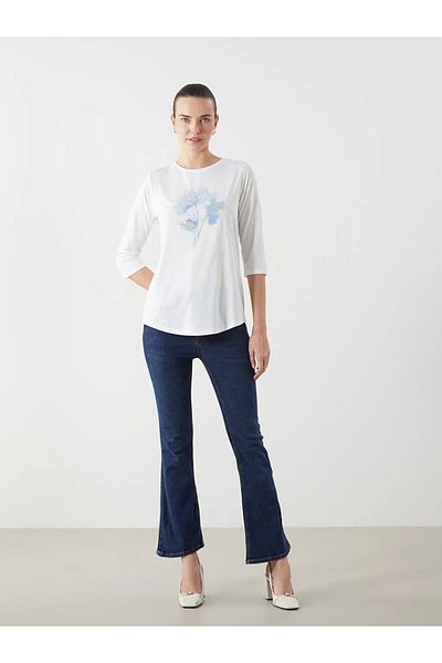 LC Waikiki Lcwaikiki Classic Ecru Crew Neck Printed Women's T-Shirt