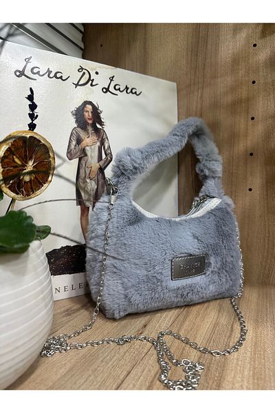 BEE BAGS Geantă de mână și de umăr model Baguette, cu curea pufoasă, de culoare gri, cu blană de pluș