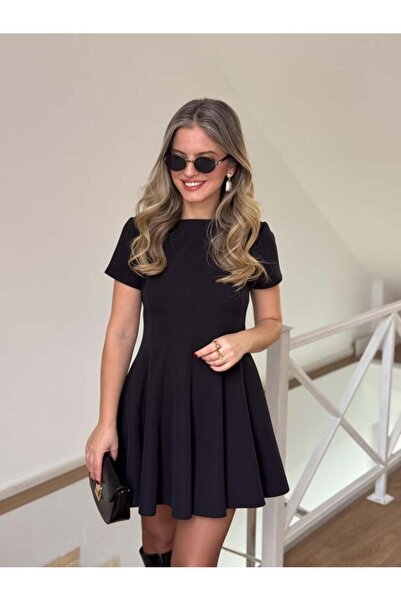 HARMONY GLOBAL Scuba Crepe Υφασμάτινη Μαύρη Φούστα Μίνι Φόρεμα με πλισέ πλισέ...