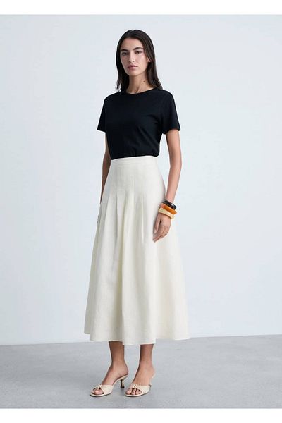 MANGO Woman Long Linen Pleated Skirt