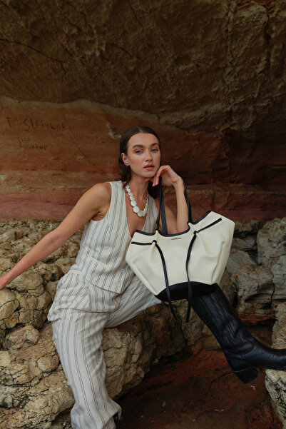 LOVENTA Large Tote Bag Beige & Black Niesha