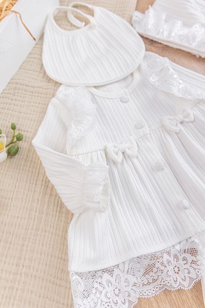 Babymod Laced Bow 100% Cotton Baby Girl Hospital Discharge Baby Set Cream