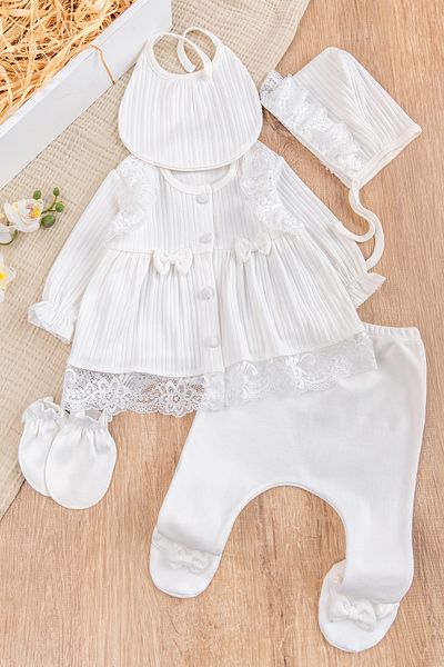Babymod Laced Bow 100% Cotton Baby Girl Hospital Discharge Baby Set Cream