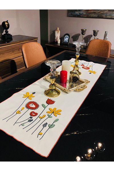 LUWİNO HOME Punch Embroidered Runner & American Service & Tablecloth & Coffee Table Cover 40*130 Cm, Duck Fabric