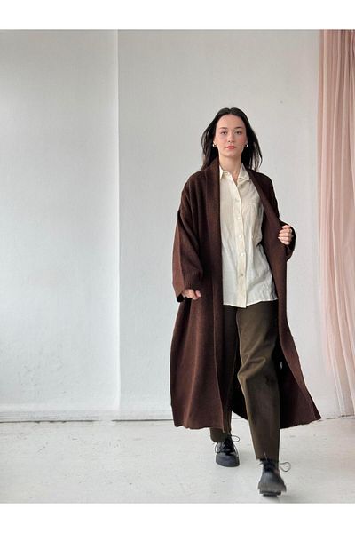 Retrobird Brown Long Knitwear Women's Cardigan
