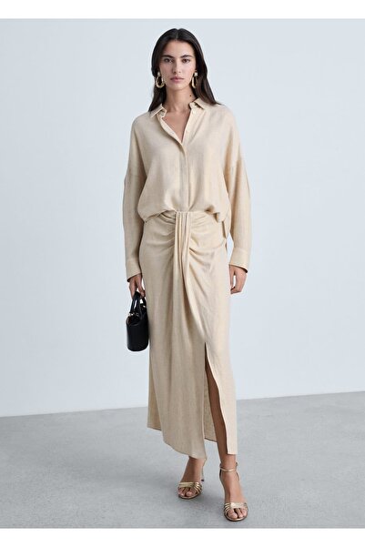 MANGO Woman Keten karışımı dökümlü midi etek