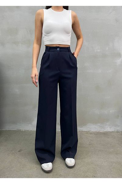 NEW JOURNAL Women's Navy Blue High Waist Pleated Plaszo Fabric Trousers Nwj- 100050004