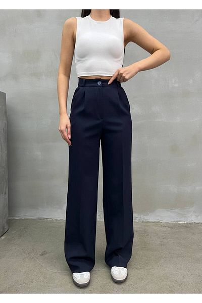 NEW JOURNAL Women's Navy Blue High Waist Pleated Plaszo Fabric Trousers Nwj- 100050004