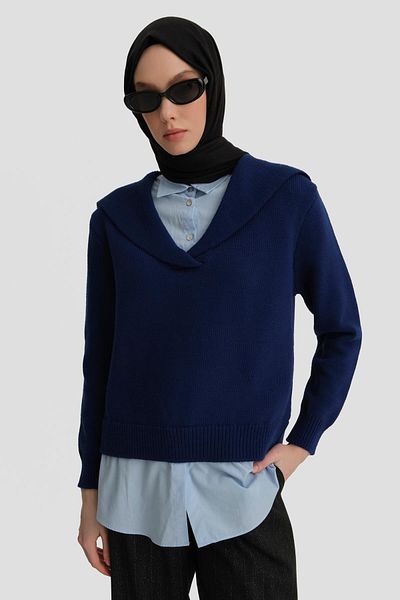 Armine Navy Blue Poplin Mixed Sweater - 24Kd4218