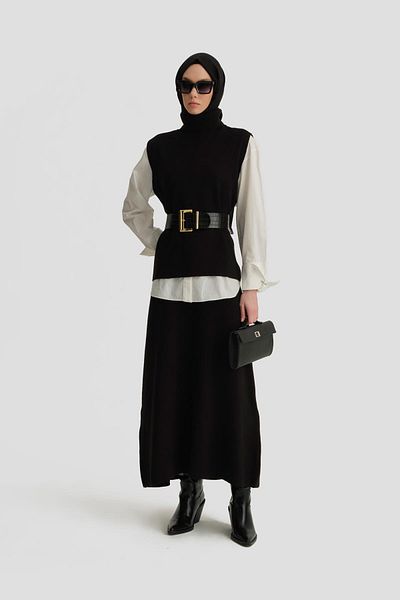Armine Black Zero Sleeve Sweater and Skirt Set - 24Kd4220