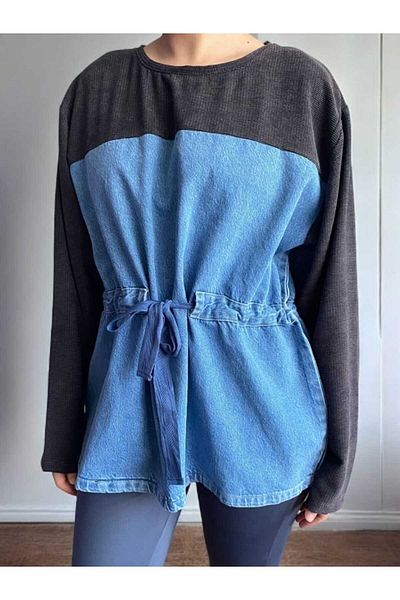 BEBE PLUS Fabric Garnished Denim Sweatshirt