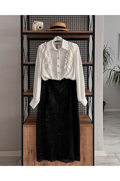ELLA طقم نسائي مكون من قطعتين من Ewas Design بحاشية متوسطة الطول مطرزة بالخرز