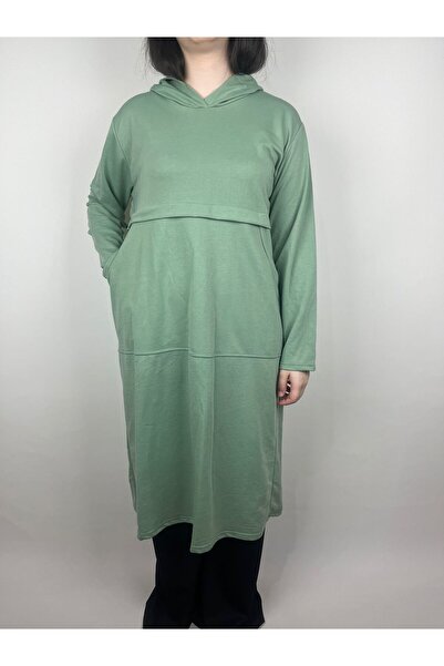YAŞAR TRİKO Women's Mint Green Robe Side Two Pockets Hooded Long Sleeve Two Yarn Tunic