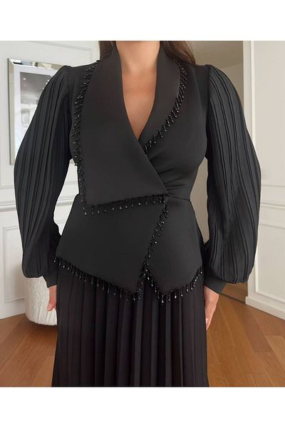 asyadabutik Women's Special Design Pleated Double Breasted Neckline Beading Tassel Evening Dress
