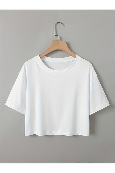 Let's Wear Bluză crop elastică cu mânecă scurtă, cu decolteu, pe corp