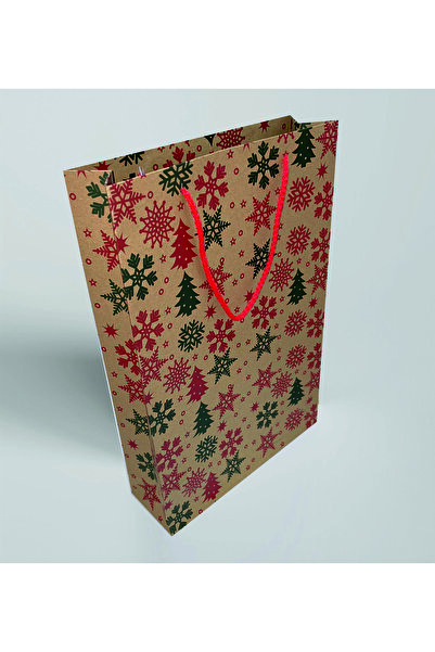 kraftpark KARTON ÇANTA 26x38,5x12 cm 10 Adet Yıldız Desenli Kraft Kağıt 2 Renk Baskılı