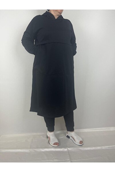 YAŞAR TRİKO Kadın Siyah Robalı Iki Yandan Bütün Cepli Kapüşonlu Uzun Kollu Iki Iplik Tunik