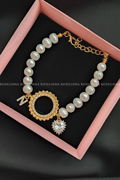 ROSELİNNA Çeyrekli Gerçek İnci Bileklik, Harf ve Kalpli Çeyrek Altınlı Bilekl...