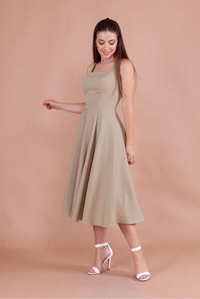 RURIS Kadın Yağ Yeşili Kare Yaka Kolsuz Midi Boy Abiye Mezuniyet Elbisesi