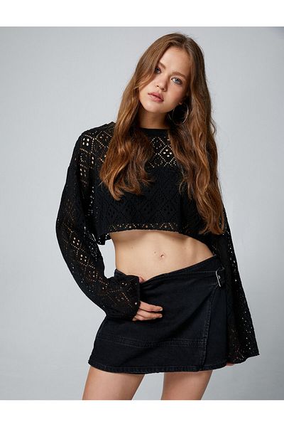 Koton Crop T-shirt με κοντό μανίκι με στάμπα λαιμόκοψη