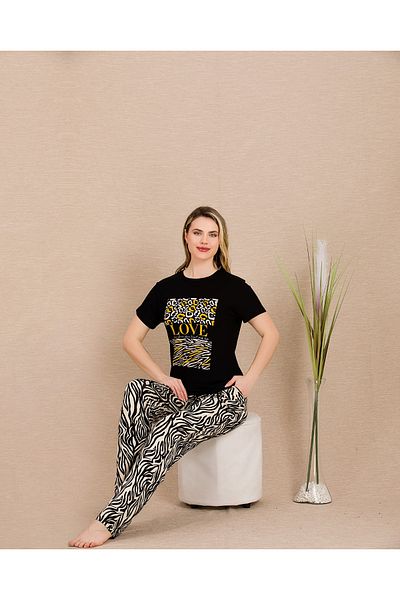 Lady Lingerie Set pijamale pentru femei cu mâneci scurte, buzunar, 93% bumbac, 7% lycra, cu gâtul turn