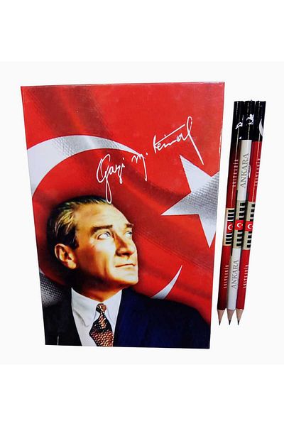 izmir yazici servis Atatürk Anıtkabir Caiet A5 cu 80 de coli cu tematică steagul turcesc și set de 3 creioane