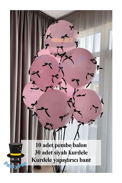 PartyPoo Pink Balloon Set with Black Bow Ribbon 10Pcs Birthday Party Set Bow Balloon, Ribbon Balloon