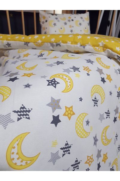 Baby Clime 5 Piece 90X130 Baby Sleeping Set - Quilt Pillow Sheet Set - Crescent Star Pattern Yellow
