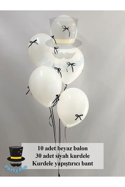 PartyPoo White Balloon Set of 10 with Black Bow Ribbon – Birthday, Bride to Be & Party Decorations