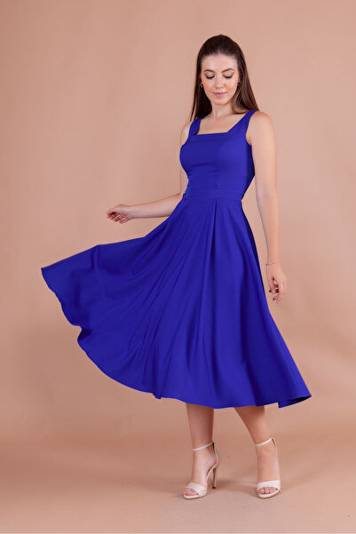 RURIS Kadın Saks Mavi Kare Yaka Kolsuz Midi Boy Abiye Mezuniyet Elbisesi