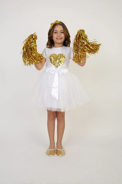 NOBLE STORE Girl's Gold Yellow Sequin Heart Detail T-Shirt White Skirt Suit April 23, October 29 Show Outfit
