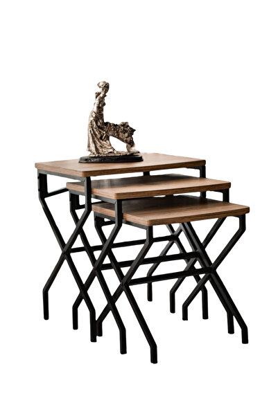 HCAtölye Ahşap Atölyesi Metal Ayaklı 3'lü Zigon Sehpa -Atlantik Çam