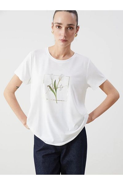 LC Waikiki Tricou de damă LCWAIKIKI Classic Ecru Crew Deck Floral