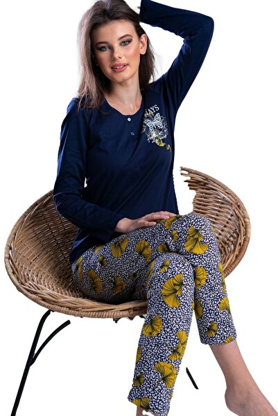 VİENETTA Жіночий темно-синій піжамний комплект з довгими рукавами, напівзастібкою, круглим коміром та овальним подолом, виготовлений з бавовняної тканини, повний комплект.