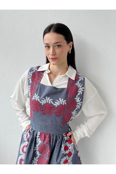 Retrobird Women's Indigo Dress - Mandy Embroidery Detail, Short Gilet